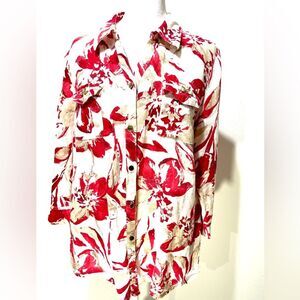 JM Collection linen shirt floral crouse Beach resort holiday festive red Women12